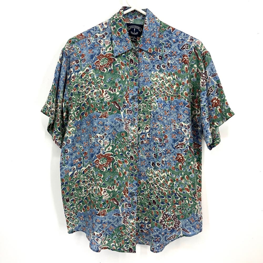 Solutions Original Men's S Silk Short Sleeved Summer‎ Shirt Cream Blue Floral